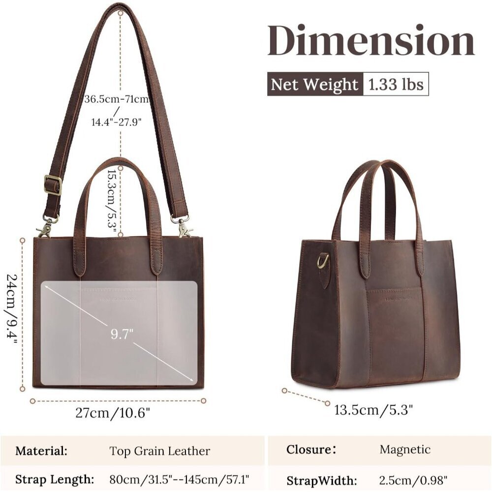 Leather Crossbody Tote Bag for Women Top Grain Crazy Horse Adjustable Strap - Picture 5 of 7